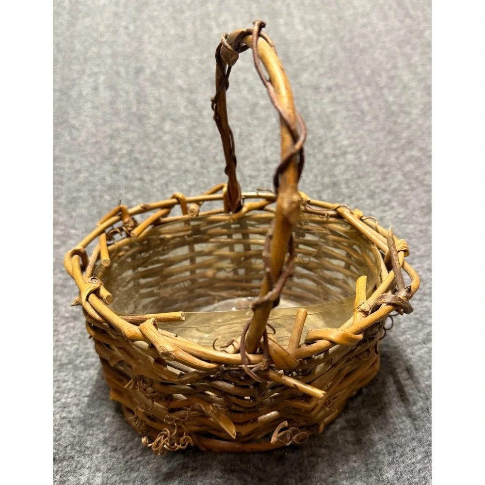 Small Rustic Grapevine Woven Basket w/ Handle and Plastic Liner Brown Farmhouse